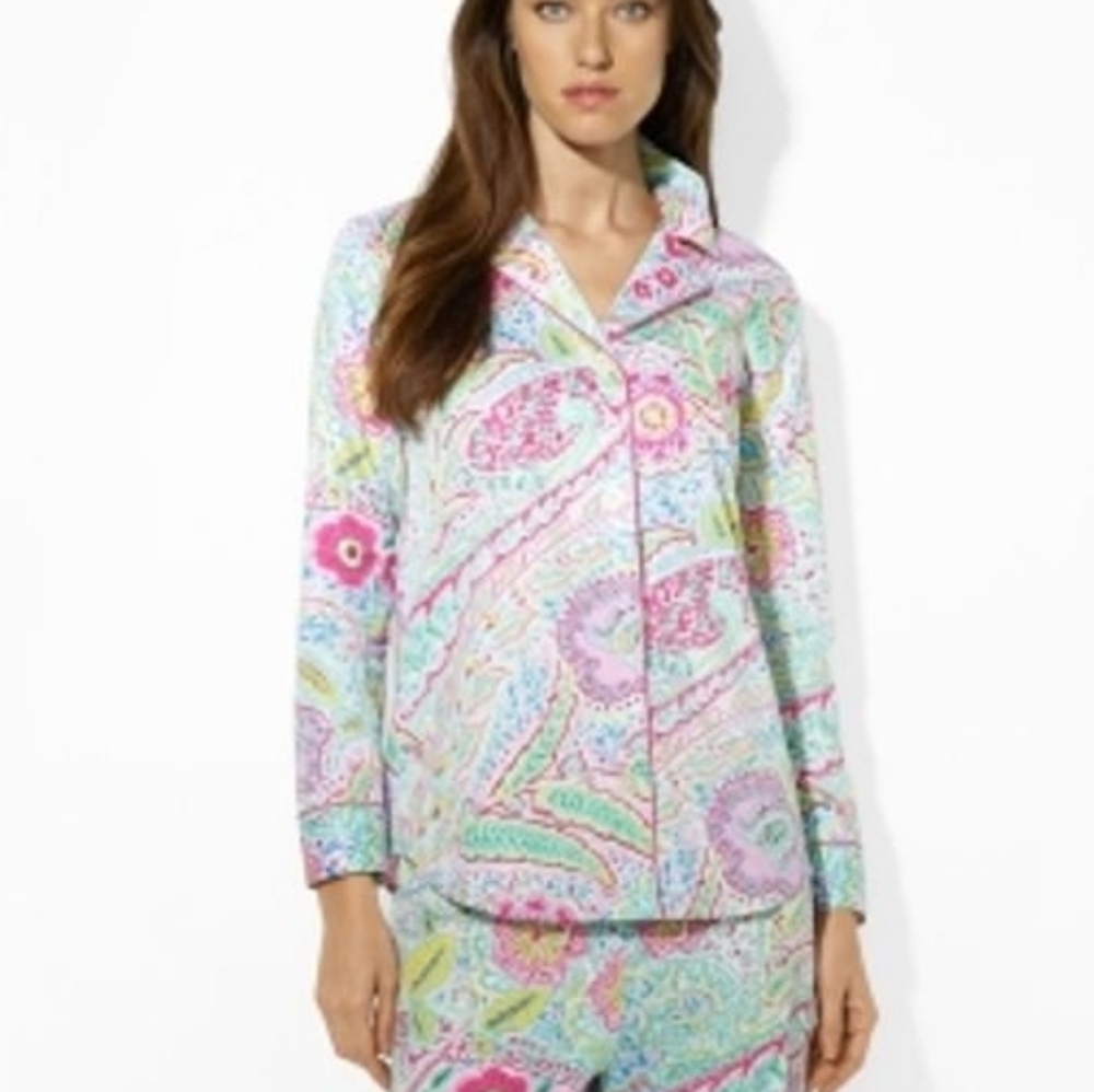 RALPH LAUREN Women’s Pink Paisley Embroidered LRL Black Label Pocket Pajama Top